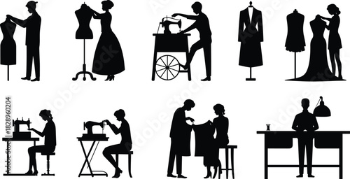Silhouettes of tailors and seamstresses sewing, fitting dresses, using sewing machines, mannequins, fashion design scenes, dressmaking and garment creation