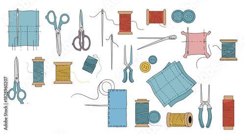 A large collection of various sewing and tailoring supplies including needles thread scissors buttons and fabric pieces.