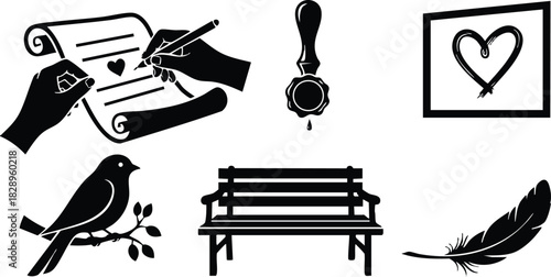 Romantic vector art set of black silhouette icons with love letter writing hands wax seal framed heart bird on branch park bench and feather pen