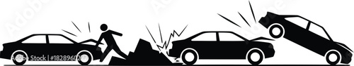 A series of black car silhouettes involved in a multi vehicle pile up collision on a road