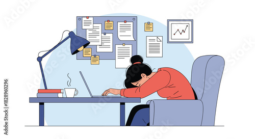 An exhausted young woman is sleeping on her desk with a laptop due to overworking and professional burnout syndrome.