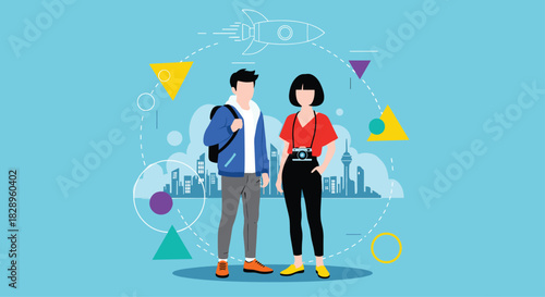 A stylish young couple of tourists or students standing in front of a modern city skyline with abstract design elements.