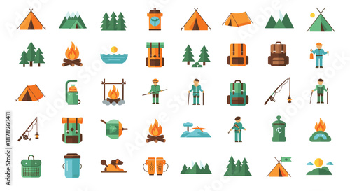 A large set of colorful flat design icons for camping hiking and outdoor adventure activities in the wilderness for design.
