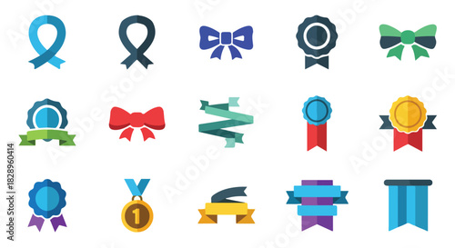A versatile set of flat style vector icons featuring colorful award ribbons, prize medals, and decorative bows for celebration and graphic design