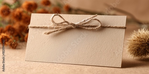 a blank, long rectangular gift certificate mockup tied with simple twine, placed on a kraft paper background