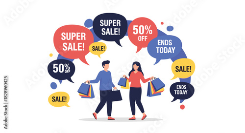A happy couple carrying shopping bags are surrounded by various sale and discount speech bubbles in a flat illustration.