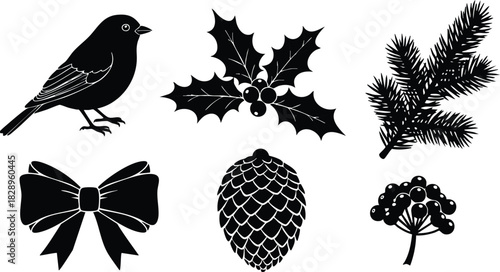 Flat design black christmas bird holly berries pine branch bow cone and winter berry sprig vector art set on white background festive silhouette style