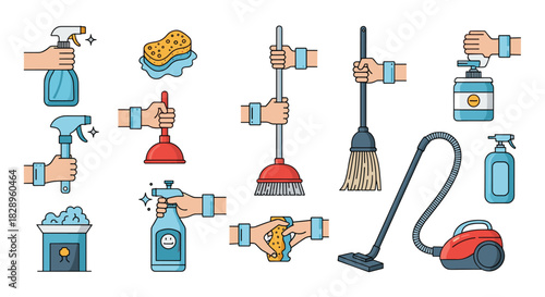 A set of icons showing hands holding various household cleaning tools and products for a cleaning service company.