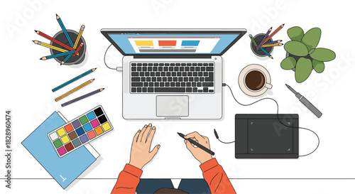Top down illustration of a digital artist or designer working on a laptop with a graphics tablet at their tidy desk.