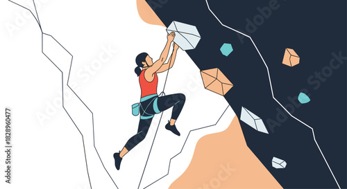 A female rock climber is scaling a steep cliff in this dynamic and modern illustration of an extreme outdoor sport.