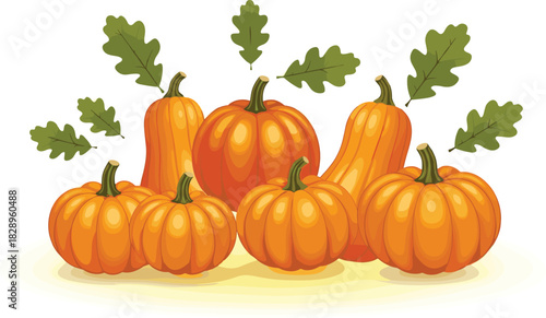 Pumpkin cluster illustration with green oak leaves, vibrant orange tones, vector design for autumn, harvest, and seasonal celebration concept