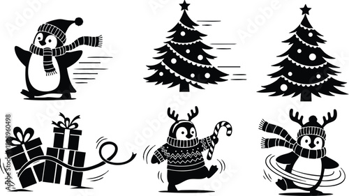 Festive vector art of running penguins in scarves with reindeer antlers swirling near rushing christmas trees and stacked gift boxes in playful black and white winter style