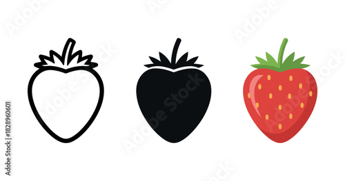 Strawberry icon evolution: outline, silhouette, and colored styles
