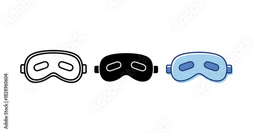 Three sleep masks: black, white, and blue variants on white background
