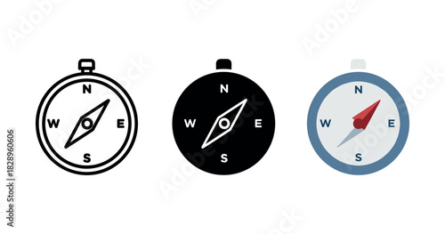 Set of three compass icons displaying north south east west directions