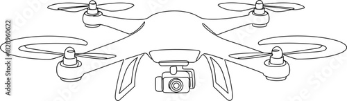 Quadcopter drone with mounted camera illustration, stylized black-and-white vector design for aerial photography, surveillance, and tech concept