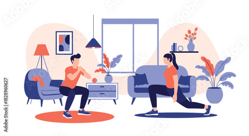 A young couple is doing their fitness workout together at home in their cozy and stylish living room for wellness.