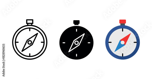 Set of three stylized compass icons in black, white, and blue