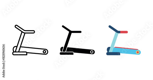 Variety of treadmill icons in black outline, solid black, and colorful styles