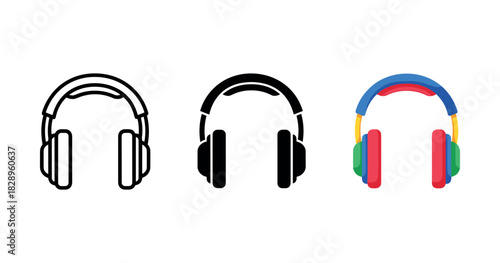 Headphones icon set: outline, solid, and colorful styles on white background