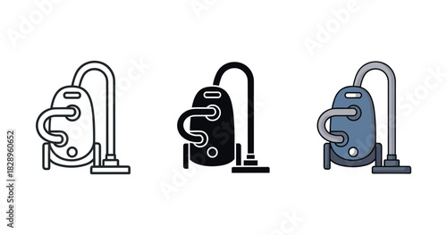 Set of three vacuum icons: outline, silhouette, colored styles