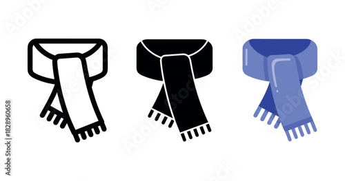 Black, white, and blue scarves with fringe on white background