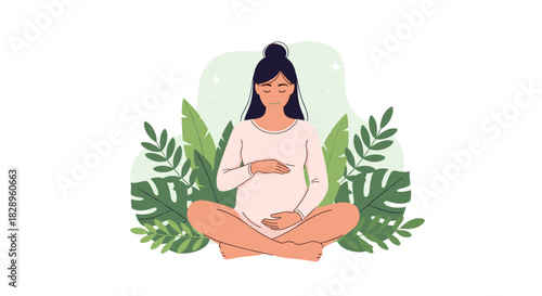 A calm and beautiful pregnant woman is meditating in a yoga pose surrounded by lush green tropical plant leaves.