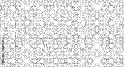 An intricate seamless geometric pattern with islamic and arabic style ornamental line art on a clean white background.