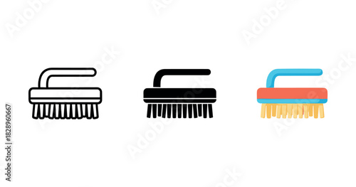 Vector set of diverse scrubbing brushes in outline, silhouette, and color styles