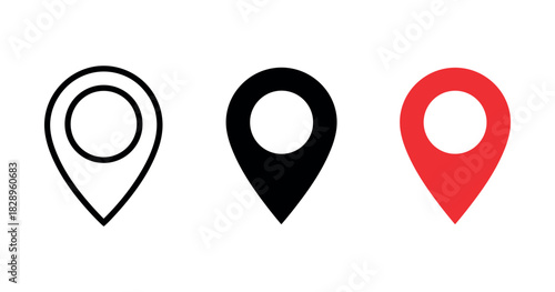 Set of three location pin icons in black, white, and red design