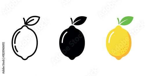 Set of lemon icons: outline, solid, and colored yellow fruit illustrations