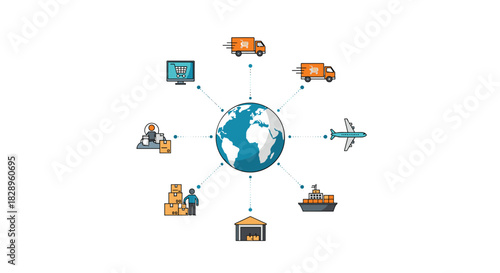 Global logistics and worldwide shipping concept with various transportation and delivery icons connected around the globe.