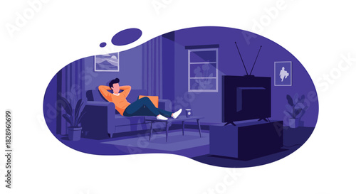 Man relaxing on a comfortable couch while watching an old-fashioned television set in a cozy dark-themed living room at night.