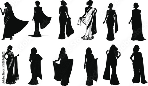 Elegant Saree-Clad Female Silhouettes in Various Poses