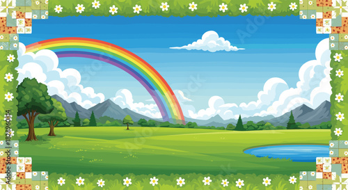 Rainbow over mountain landscape with pond and trees, vector illustration for nature education, peaceful scenery, and children’s outdoor concept