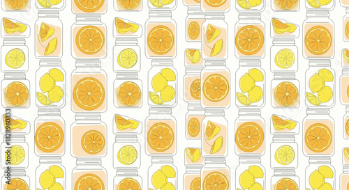 Delightful seamless background pattern featuring hand-drawn glass mason jars filled with fresh sliced oranges and whole lemons for canning.