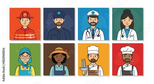 Collection of diverse cartoon character avatars showing people in various professional uniforms like a doctor police officer chef and firefighter.