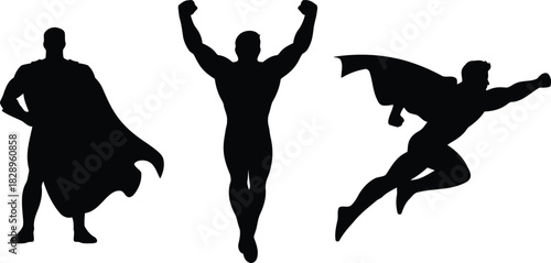 A set of three powerful black superhero silhouettes showing heroic standing, triumphant, and flying postures
