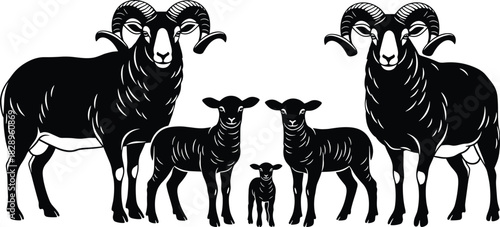 Ram Family Black Silhouette Vector; Powerful Adult Sheep with Large Horns and Cute Young Lambs; Farm Animal Livestock Icon Isolated on White; Detailed Graphic Illustration.