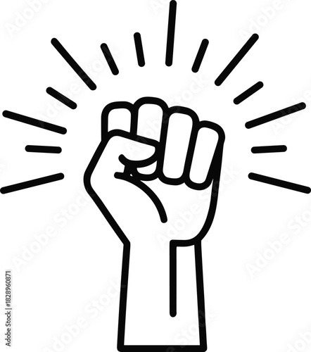 Raised fist illustration with radiating lines, bold black vector design for protest, solidarity, and empowerment symbolism concept