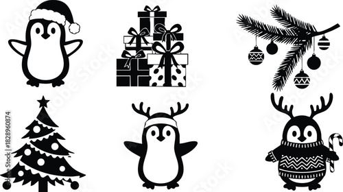 Monochrome vector art of cute christmas penguins with santa hat reindeer antlers sweater candy cane gifts fir tree and hanging baubles in simple cartoon style