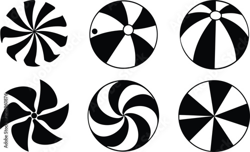 Minimalist vector art set of six black and white circular swirl icons with varied spiral blades and radial segments arranged in two rows on clean background