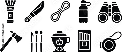 A set of ten black silhouette icons depicting a diverse range of outdoor and recreational accessories
