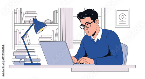 Young man with glasses sitting at his desk working or studying remotely from home on a laptop in a cozy office with bookshelves.
