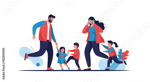 Busy and stressed family with a mother on the phone and a father with two young children are all rushing somewhere together in a hurry.