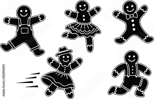 Flat design black gingerbread family running in different outfits with skirts hats and suspenders playful christmas cookie characters on white background in simple festive silhouette style