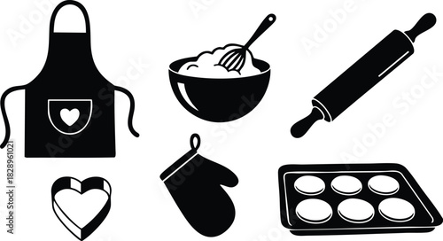 Flat vector kitchen set with black apron and heart pocket bowl with whisk rolling pin oven glove cookie cutter and muffin tray in simple silhouette style