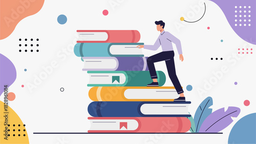 Pastel Flat Illustration of a Person Climbing Book Stairs as a Symbol of Educational Growth