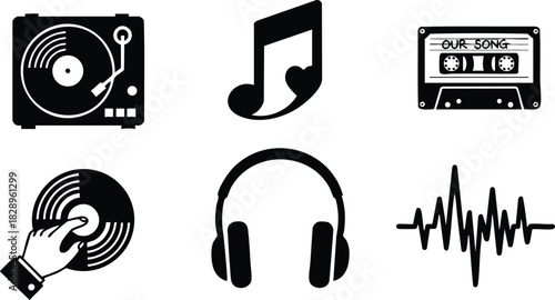 Flat design black music icons with turntable vinyl record hand cassette tape our song headphones sound wave and heart note symbol on white background