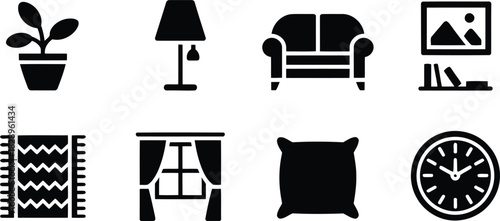 A simple collection of black silhouette icons depicting popular home interior furniture and decorative objects
